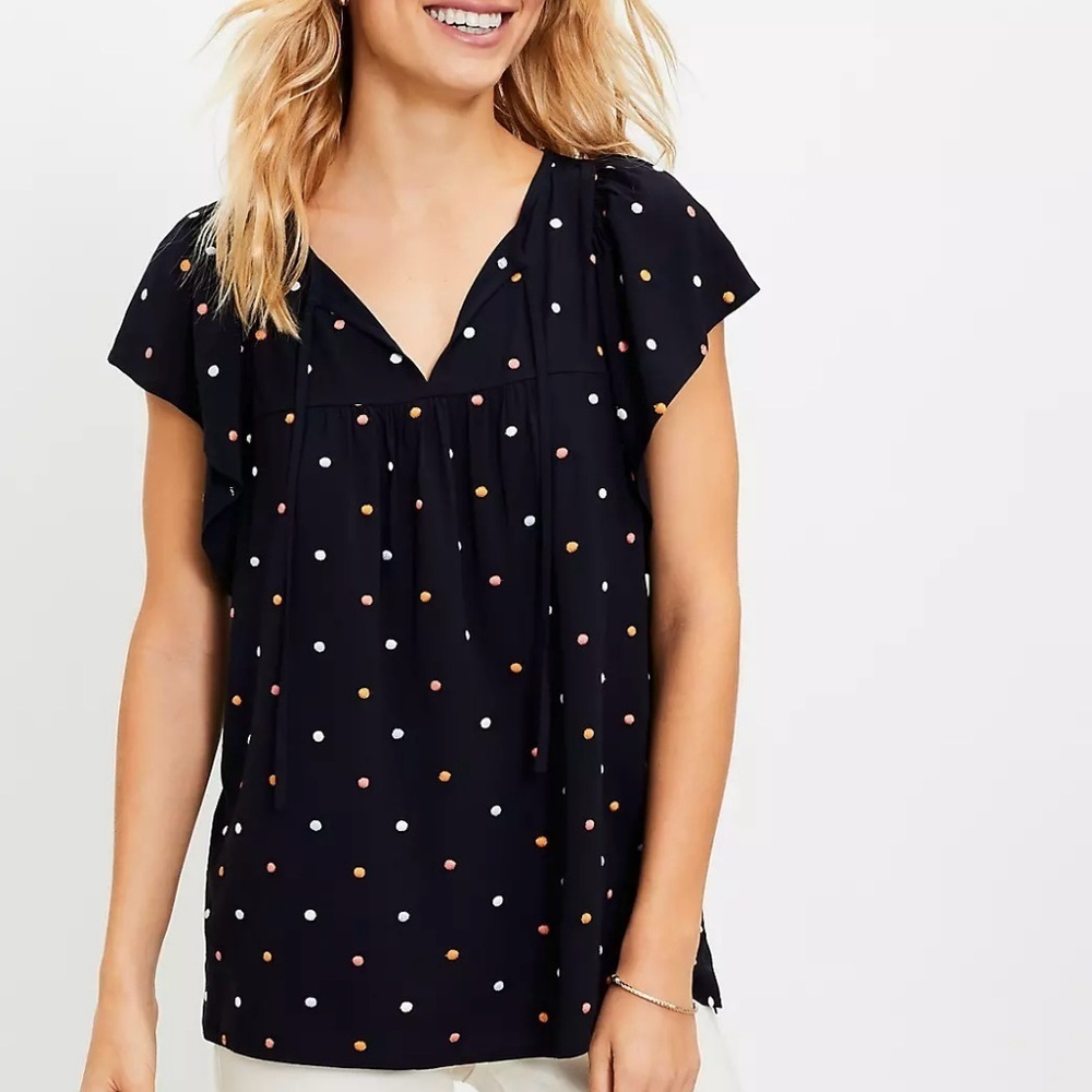 LOFT Dotted tie neck flutter top- size M